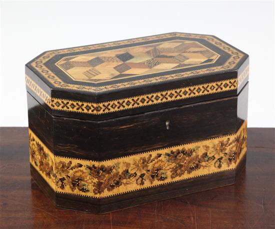 A Victorian Tunbridge ware and ebony tea caddy, by Thomas Barton, 7.75in.